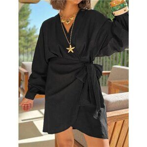 Plus Size Surplice Long Sleeve Wrap Mini Dress
